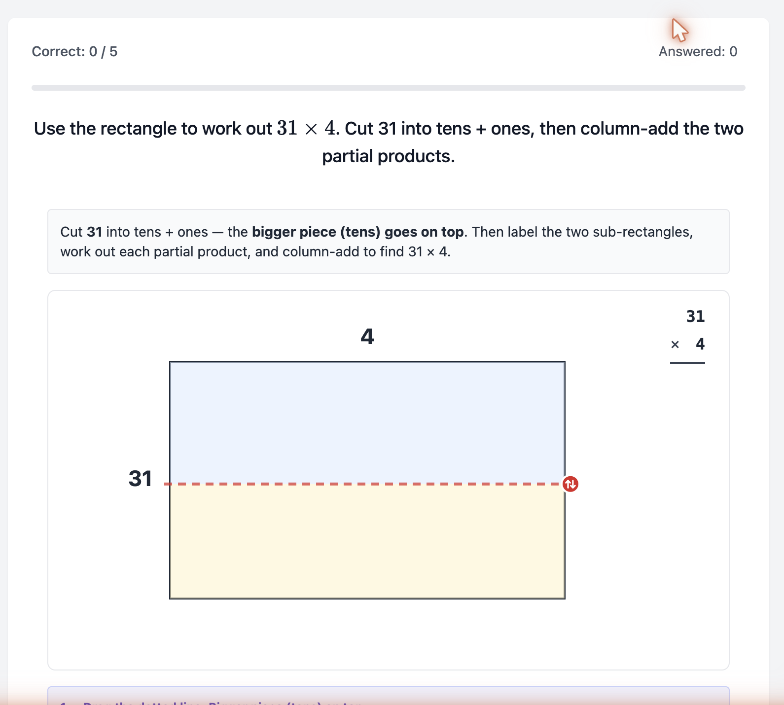 Interactive area-model scaffold for 31 times 4: a rectangle with a draggable cut line splitting 31 into tens and ones, beside a column-addition form.