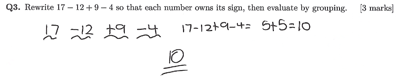 STOP Method worked example: rewriting 17 minus 12 plus 9 minus 4 so each term owns its sign, then evaluating by grouping to get 10.